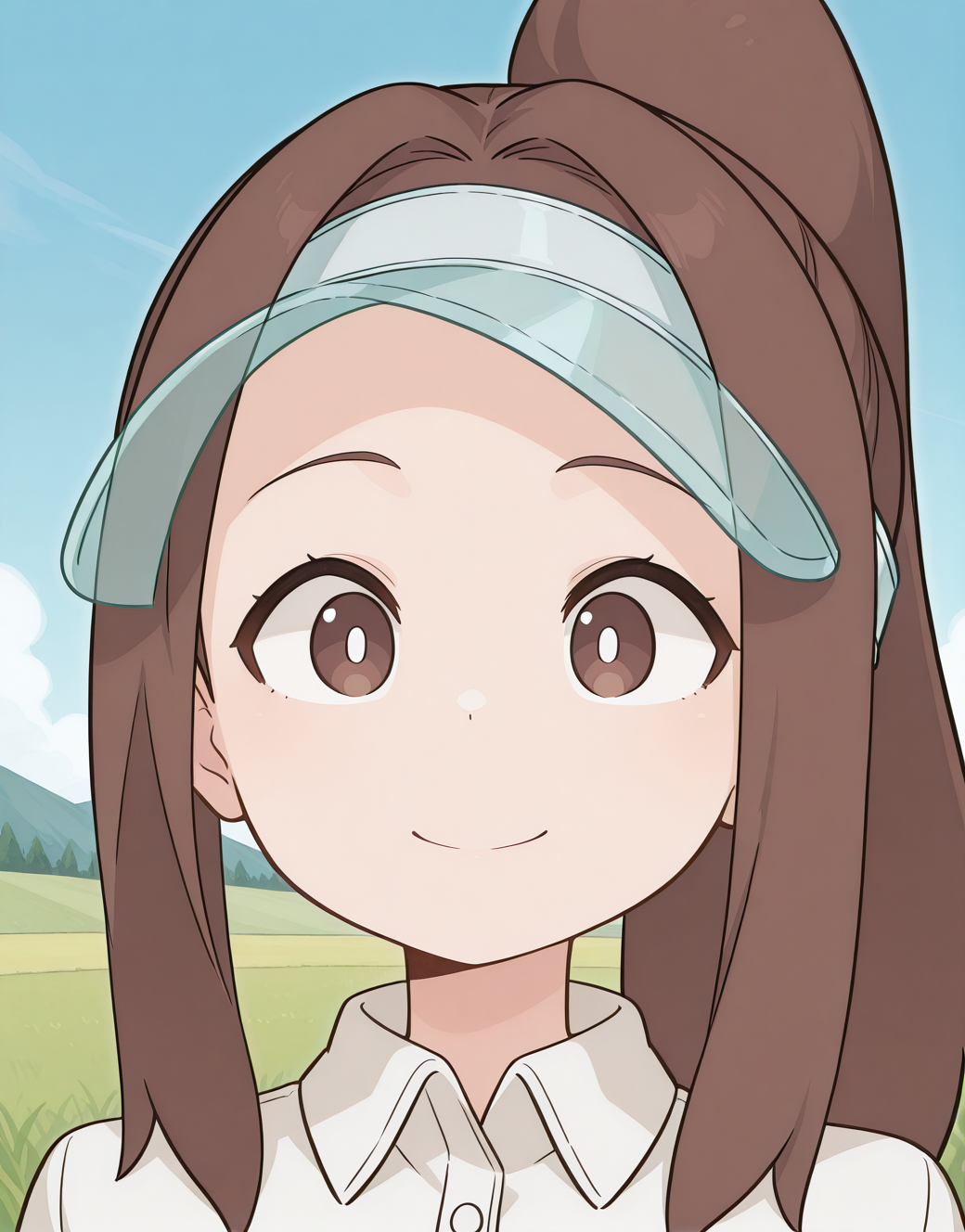 minamine, white pupils, brown eyes, brown hair, long hair, ponytail, forehead, visor cap, collared shirt, white shirt, <lora:minamine_illustrious_ver1:0.8> 
smile, closed mouth,, masterpiece, best quality, sensitive,, 1girl, solo, blue sky, (grasslands:1.2), looking at viewer,, (upper body:1.2), (close-up:1.2), (facing viewer:1.2), (open eyes:1.4), (portrait:1.2)