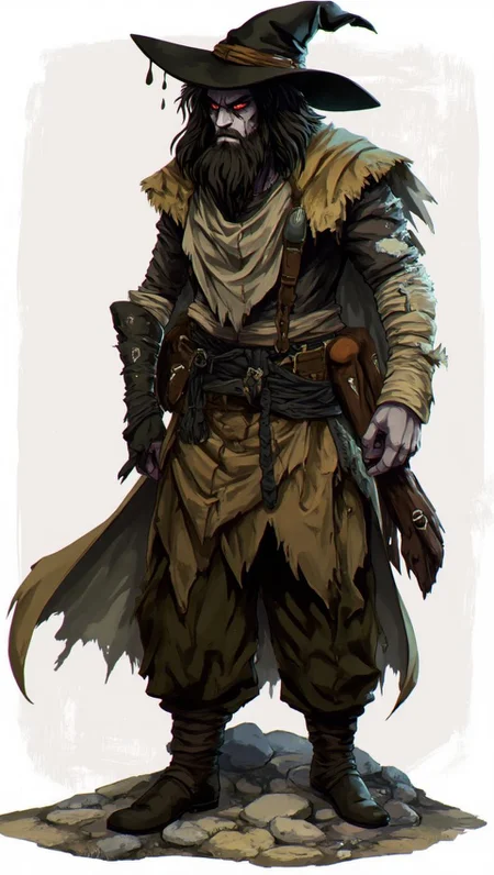 <lora:ck-LttleGhost-000011.safetensors:1> in the style of ck-lttlegh0stA mystical figure in tattered black hat, rugged earth-toned clothing and unkempt beard, radiating dark magic and ancient wisdom. The entire appearance is one of untamed power, with wild eyes that seem to bore into the soul.