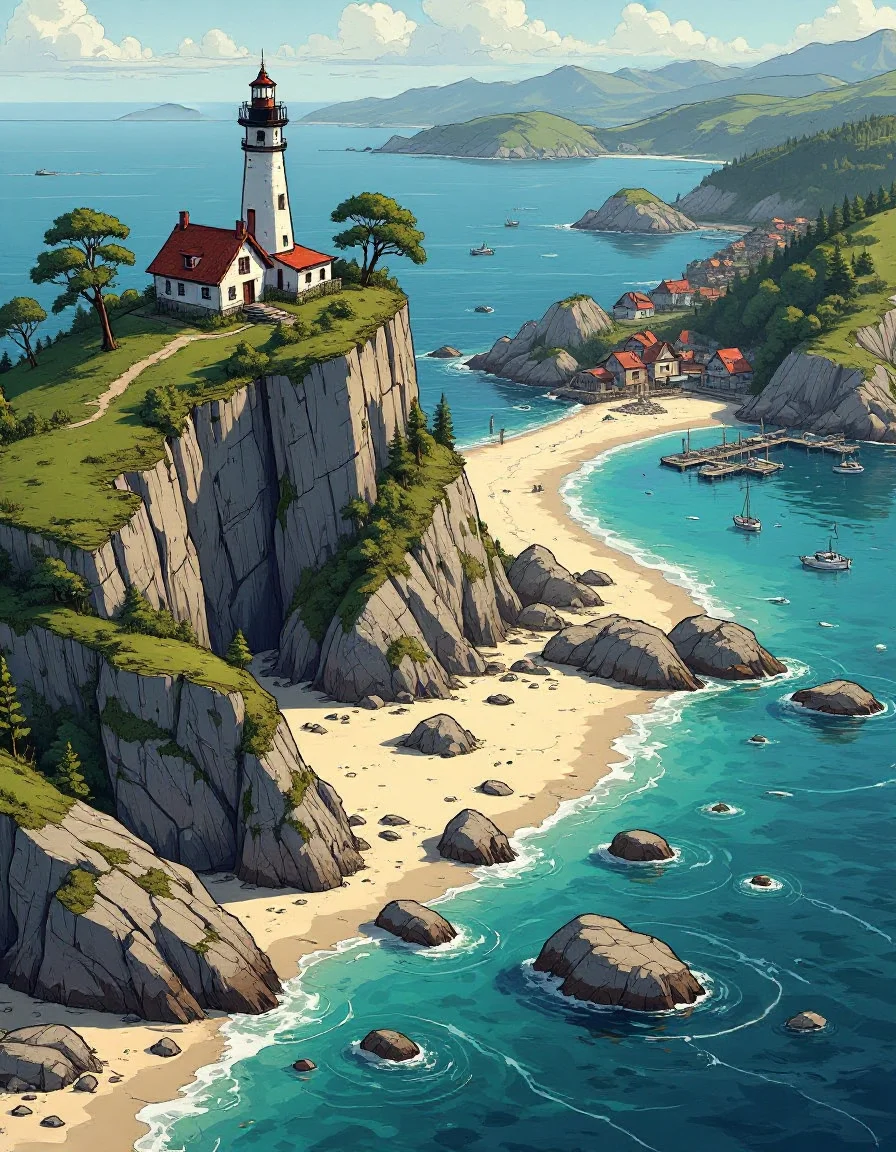 Bird’s-eye view of a coastal biome with sandy beaches, rocky tide pools, and a lighthouse on a cliff. A small fishing village with docks and boats is visible along the shoreline.