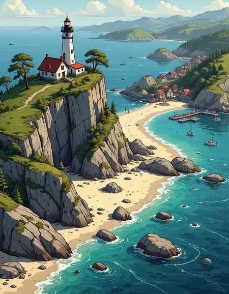 Bird’s-eye view of a coastal biome with sandy beaches, rocky tide pools, and a lighthouse on a cliff. A small fishing village with docks and boats is visible along the shoreline.