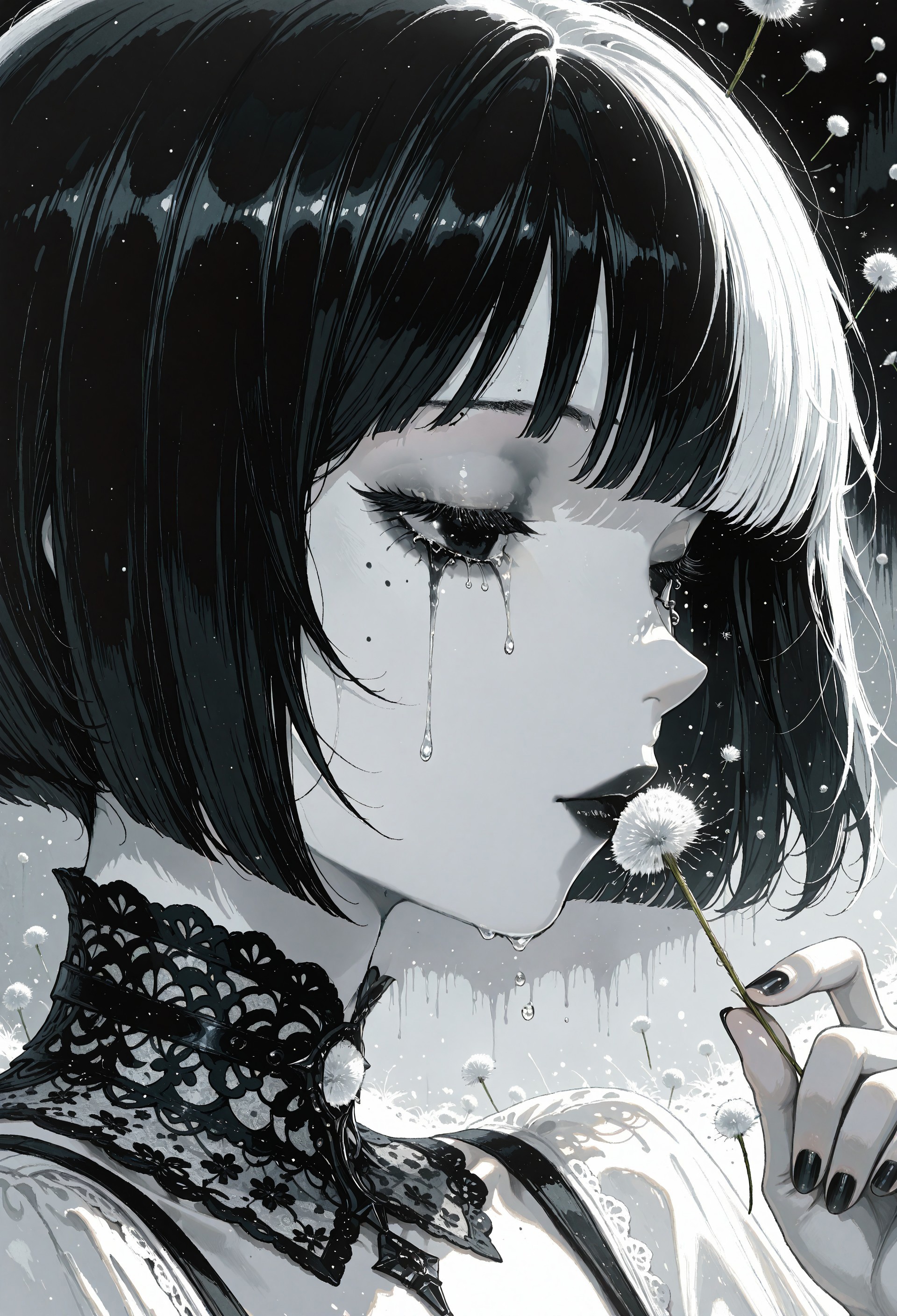 incredibly absurdres, highres, masterpiece, newest,best quality, very aesthetic, absurdres, newest, focused subject, oc-chan_(ketopon), 1girl, solo, black hair, bob cut, blunt bangs, hair between eyes,  solid black eyes, detailed eyes, eyelashes, mole under eye, expressionless, pale skin, black lips, lips, detached lace collard, collar bones,hand up, fingernails, nail polish, holding dandelion, kissing dandelion, crying, black tears, floating seeds, close up, portrait, from side, profile, face focus,backlighting, white theme, painterly, traditional media, gloom, limited palette, monochrome, opill, Ethereal Brushstroke