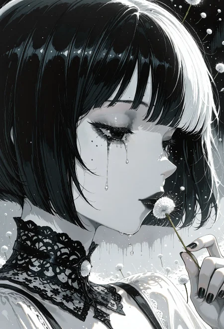 incredibly absurdres, highres, masterpiece, newest,best quality, very aesthetic, absurdres, newest, focused subject, oc-chan_(ketopon), 1girl, solo, black hair, bob cut, blunt bangs, hair between eyes,  solid black eyes, detailed eyes, eyelashes, mole under eye, expressionless, pale skin, black lips, lips, detached lace collard, collar bones,hand up, fingernails, nail polish, holding dandelion, kissing dandelion, crying, black tears, floating seeds, close up, portrait, from side, profile, face focus,backlighting, white theme, painterly, traditional media, gloom, limited palette, monochrome, opill, Ethereal Brushstroke