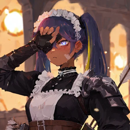 original, masterpiece, best quality, very aesthetic, absurdres, <lora:xilmofornoob:0.95>, 1girl, upper body portrait, close-up, maid warrior, dark skin with golden highlights, sun-kissed complexion, holding bow, quiver on back, glowing cyan eyes with starry pupils, intricate silver half-mask, gradient purple hair (light to dark), asymmetrical twin tails with hair glow, layered bangs covering forehead, gothic frilly maid outfit, black silk dress with white lace apron, armored shoulder pads with battle scratches, leather corset belt, fingerless combat gloves, blue velvet ribbon choker, dynamic arm-crossing pose, wind blowing hair strands, floating sakura petals, shallow depth of field, sharp facial contours, serious piercing gaze, glowing magic particles, golden skin highlights, exotic beauty, faint blush on cheeks, sweat droplet on temple, fantasy tavern background bokeh, cinematic rim lighting, anime cel-shading style, character design sheet quality