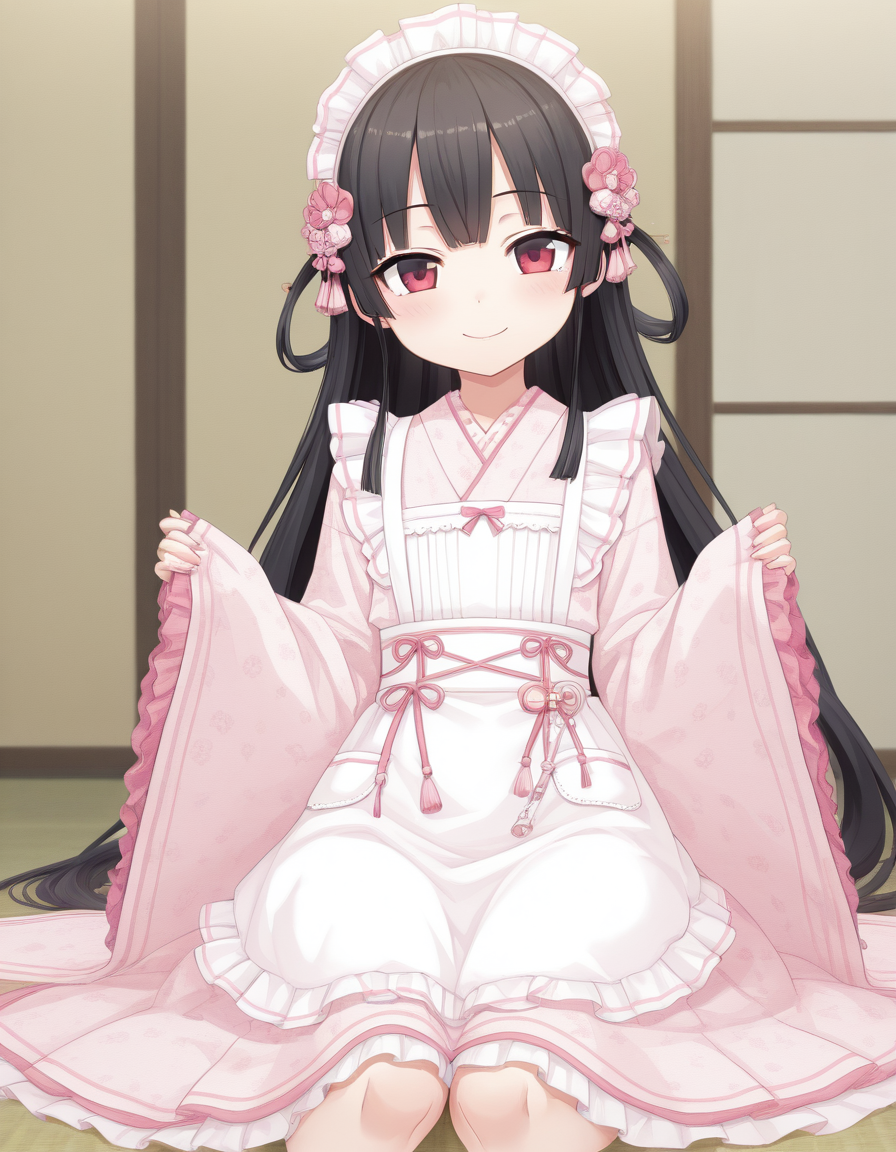 masterpiece, best quality, (anime coloring:0.8), (anime screencap:0.5), <lora:Hachiroku_Maitetsu_for_Illustrious:0.8> hachiroku, <lora:Japanese_Maid_Style_Apron_Dress_Long_Length:0.8> short dress, Japanese_Maid_Style_Apron_Dress_Long_Length, long sleeves, wide sleeves, pink dress, long dress, floral print, white apron, maid apron, frilled apron, frills, maid, wa maid, japanese clothes, hair ornament, pink headdress, sleeves past wrists, smile, sitting