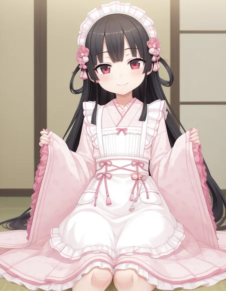 masterpiece, best quality, (anime coloring:0.8), (anime screencap:0.5), <lora:Hachiroku_Maitetsu_for_Illustrious:0.8> hachiroku, <lora:Japanese_Maid_Style_Apron_Dress_Long_Length:0.8> short dress, Japanese_Maid_Style_Apron_Dress_Long_Length, long sleeves, wide sleeves, pink dress, long dress, floral print, white apron, maid apron, frilled apron, frills, maid, wa maid, japanese clothes, hair ornament, pink headdress, sleeves past wrists, smile, sitting