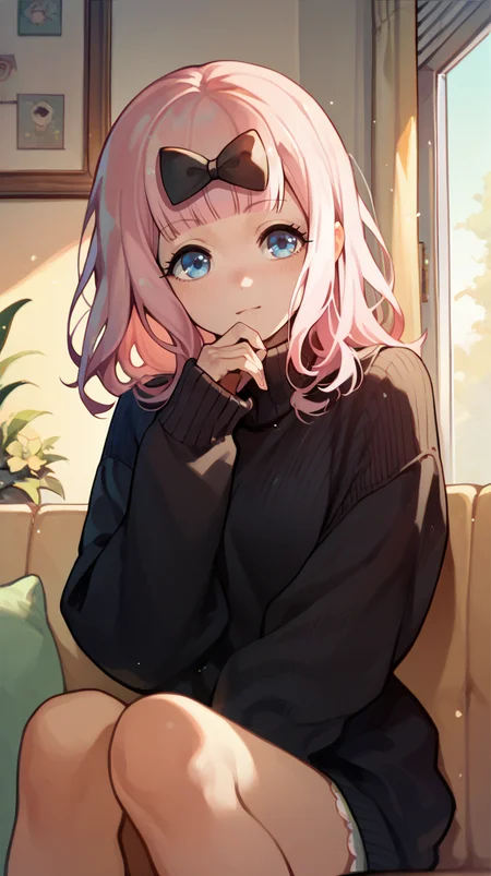 score_9, score_8_up, score_7_up, score_6_up, 1 girl, sweater, on divan, indoors, fujiwara_chika, pink hair, hair bow, kaguya-sama wa kokurasetai ~tensai-tachi no renai zunousen~,
