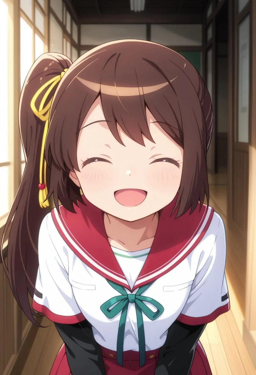 masterpiece,best quality,amazing quality, tsuruno yui, brown hair, long hair, side ponytail, 1girl, layered sleeves, short over long sleeves, solo, school uniform, closed eyes, smile, serafuku, red sailor collar, ribbon, dot nose, facing viewer, open mouth, sailor collar