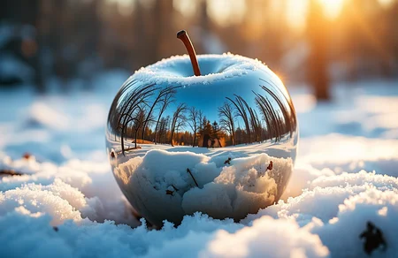 A chrome apple sitting in the snow reflecting the scenery around it.