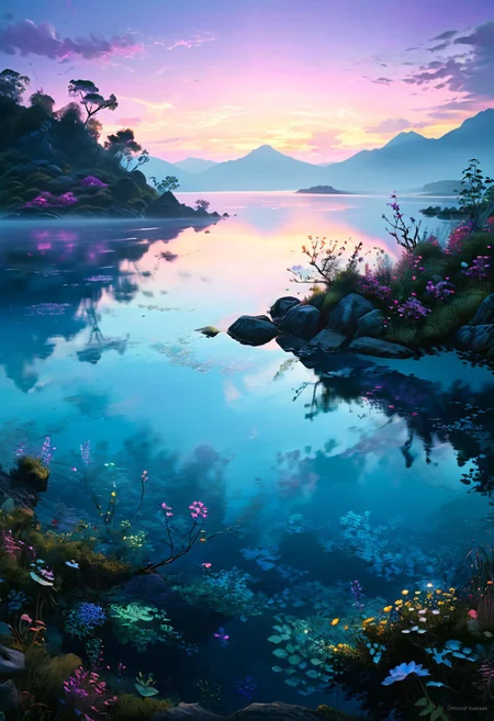 Generate an enchanting and surreal depiction of a world locked in perpetual twilight. Picture a captivating landscape where the boundaries between day and night blur into an everlasting twilight. The sky should be a mesmerizing blend of deep blues and soft purples, with a faint, ethereal glow on the horizon. Show a mystical terrain, featuring delicate, bioluminescent flora and fauna that illuminate the landscape with gentle, otherworldly radiance. Let the scene emanate a sense of tranquility, mystery, and a touch of magic. Focus on intricate details and realism to create an image that transports viewers to this captivating twilight realm