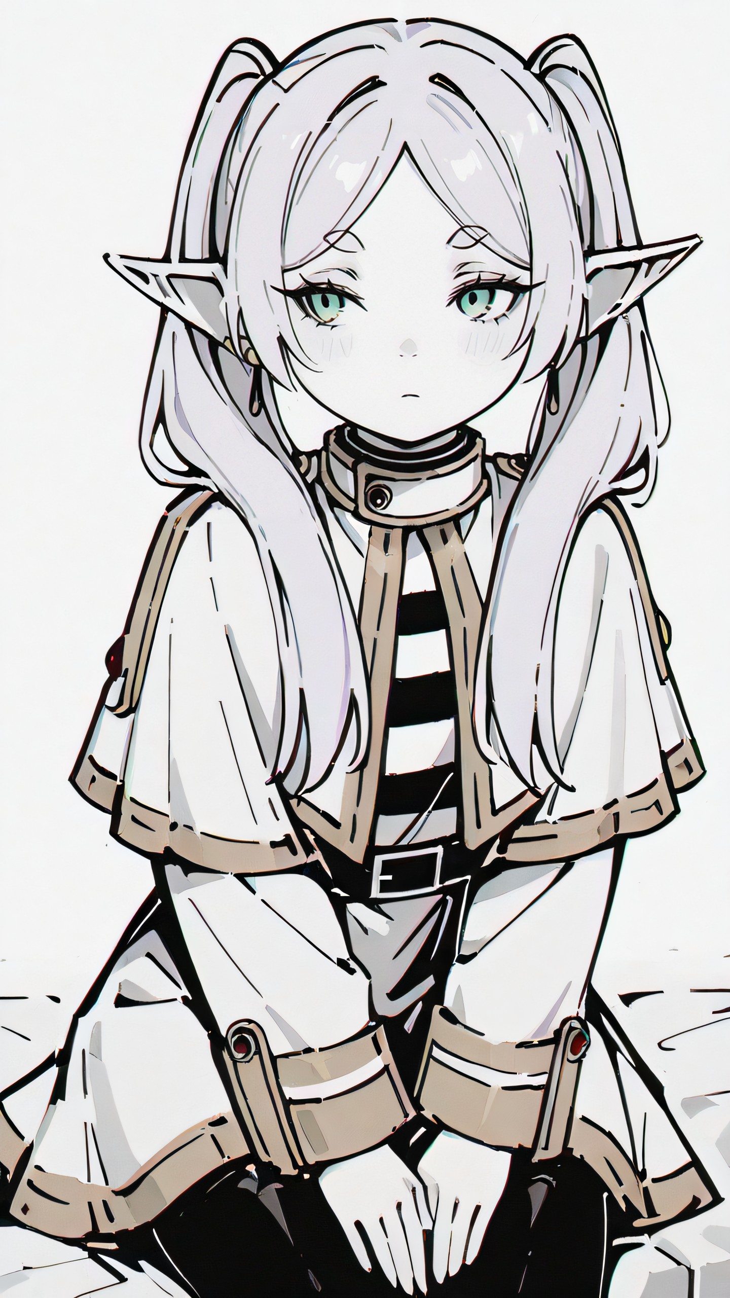 ,masterpiece,best quality,newest, <lora:Glamour_IL:1.2>  mcglam, style, monochrome, 1girl, solo <lora:FrierenIXL:1.0> zzFrieren, long hair, twintails, green eyes, grey hair, pointy ears, elf, shirt, long sleeves, jewelry, earrings, striped, capelet, striped shirt, white skirt, black pantyhose,