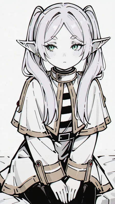 ,masterpiece,best quality,newest, <lora:Glamour_IL:1.2> mcglam, style, monochrome, 1girl, solo <lora:FrierenIXL:1.0> zzFrieren, long hair, twintails, green eyes, grey hair, pointy ears, elf, shirt, long sleeves, jewelry, earrings, striped, capelet, striped shirt, white skirt, black pantyhose,