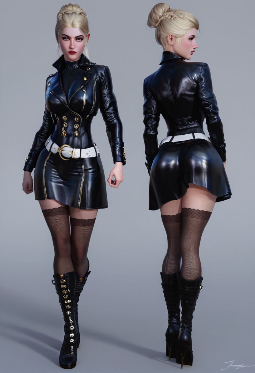 score_9, score_8_up, score_8_up, score_6, cinematic lighting, volumetric lighting, high-detailed, 4k, detail, hd,
poser_char_sheet, front and back, simple grey background,
pale skin, blond hair, short crop, black leather trench coat, silver belt, fishnet stockings, black leather boots, perfect face,