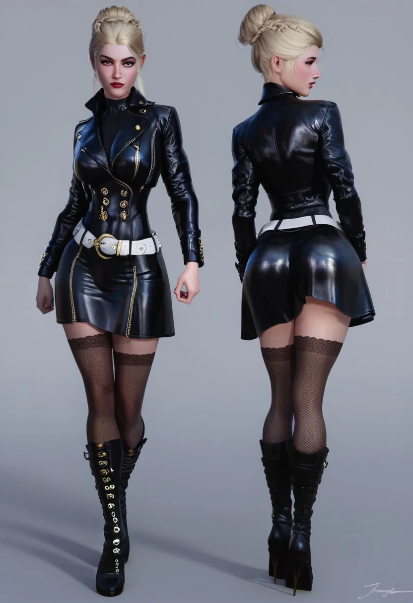 score_9, score_8_up, score_8_up, score_6, cinematic lighting, volumetric lighting, high-detailed, 4k, detail, hd,
poser_char_sheet, front and back, simple grey background,
pale skin, blond hair, short crop, black leather trench coat, silver belt, fishnet stockings, black leather boots, perfect face,