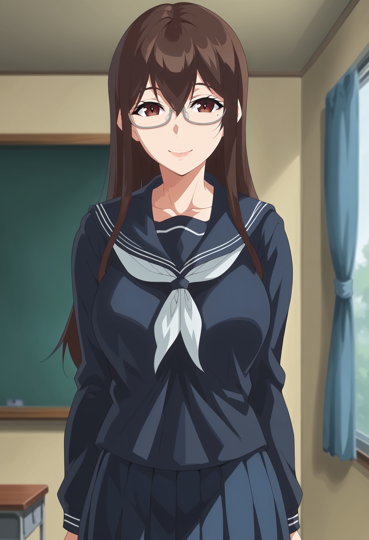 <lora:Touko_Sakuramachi-Succubus_Stayed_Life:0.8>,1girl,solo,mm,glasses,long hair,brown hair,brown eyes,breasts,mole under eye,serafuku,black serafuku,school uniform,skirt,looking at viewer, smile,indoors,cowboy shot,