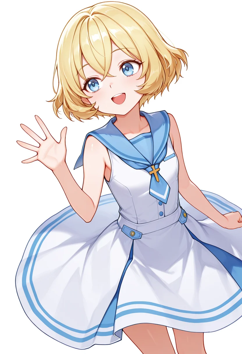Smooth Quality,masterpiece,very intricate, high quality details, ultra realistic, high detailed skin,detailed enviorement,absurdres,
waving ,
<lora:Lierre_CNR:0.8> lierre_cnr, 1girl, blonde hair, short hair, bangs, blue eyes,, excited,, simple background, white background, dynamic angle,solo,, sailor shirt, ,waistcoat, ,circle skirt, ,