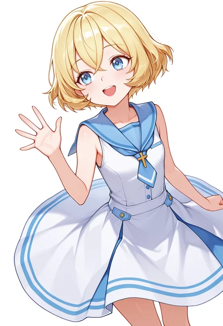 Smooth Quality,masterpiece,very intricate, high quality details, ultra realistic, high detailed skin,detailed enviorement,absurdres,
waving ,
<lora:Lierre_CNR:0.8> lierre_cnr, 1girl, blonde hair, short hair, bangs, blue eyes,, excited,, simple background, white background, dynamic angle,solo,, sailor shirt, ,waistcoat, ,circle skirt, ,