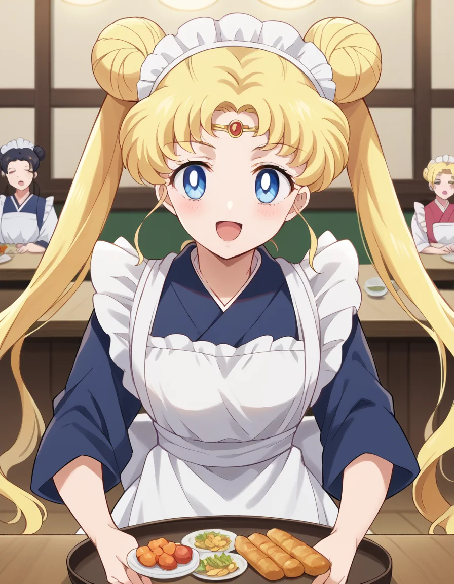 score_9, score_8_up, score_7_up, source_anime, <lora:usagi-tsukino-eternal-movie1-ponyxl-lora-nochekaiser:1>, usagi tsukino, blonde hair, blue eyes, double bun, hair bun, hair ornament, long hair, twintails, circlet, parted bangs,, <lora:wa-maid-ponyxl-lora-nochekaiser:1>, wa maid, maid, maid headdress, apron, white apron, frilled apron, maid apron, kimono, japanese clothes, frilled kimono, holding tray, tray, food,, indoors, restaurant, smile, blush, open mouth,,