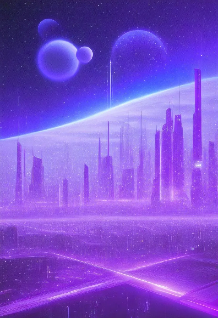 High quiality, high resolution, high definition,
Magical city with skyscrapers, a planet with purple colors and lines that emit white light surrounded by a planet ring, with the view from behind a cat looking towards the city, citybkg, anime style, high ilumination, galaxy sky, calid colours, spacial station