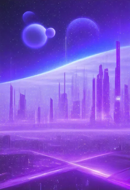 High quiality, high resolution, high definition,
Magical city with skyscrapers, a planet with purple colors and lines that emit white light surrounded by a planet ring, with the view from behind a cat looking towards the city, citybkg, anime style, high ilumination, galaxy sky, calid colours, spacial station