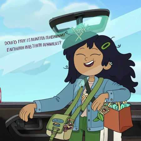 steering wheel, cloud, pants, Green pants, closed eyes, long hair, english text, driving, solo, marcy wu, jacket, dark skin, messy hair, jewelry, bag, hair ornament