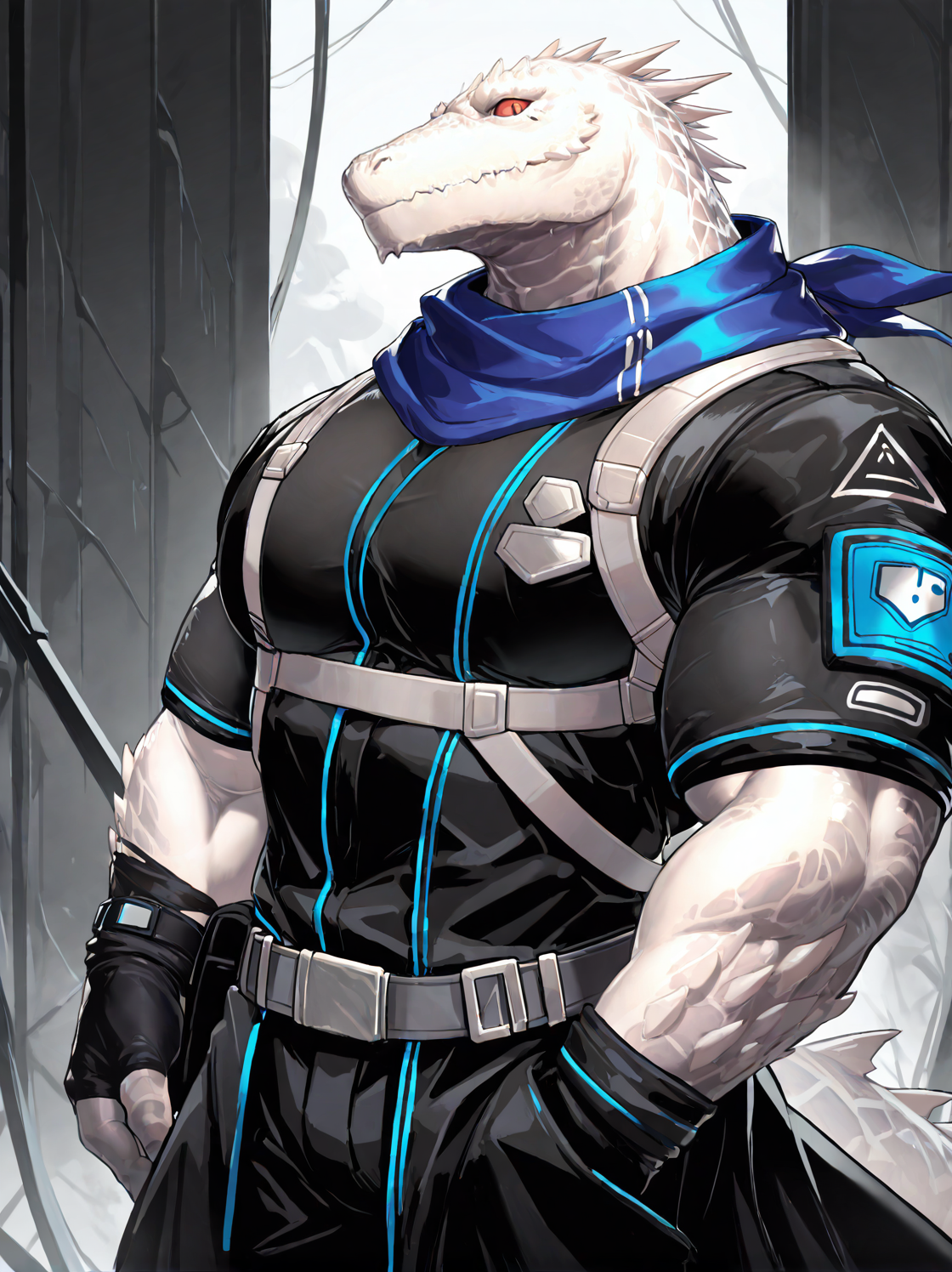 zPDXL2,perfect anatomy,detailed,masterpiece,high quality,best quality,highres,aesthetic,furry male,solo,arknights,indoor,detail background,upper_body,half body,(from_side:0.6),standing,male focus,solo,
r@ngers,scalie,black clothes,trench_coat,pants,blue scarf,((white skin)),slit,red_sclera,red eyes,
(head up:0.5),face right,looking_at_viewer,male focus,(muscular:0.9),(big pecs:0.8),(broad shoulders:0.9),(thick thighs:0.9),<lora:NOOB_vp1_detailer_by_volnovik_v1:1>,<lora:zoroj:0.2 >,<lora:Taigher_Style:0.5>,<lora:ä¸°å¯èæ¯_IL:0.6>,<lora:Rangers_IL-000016:1>,