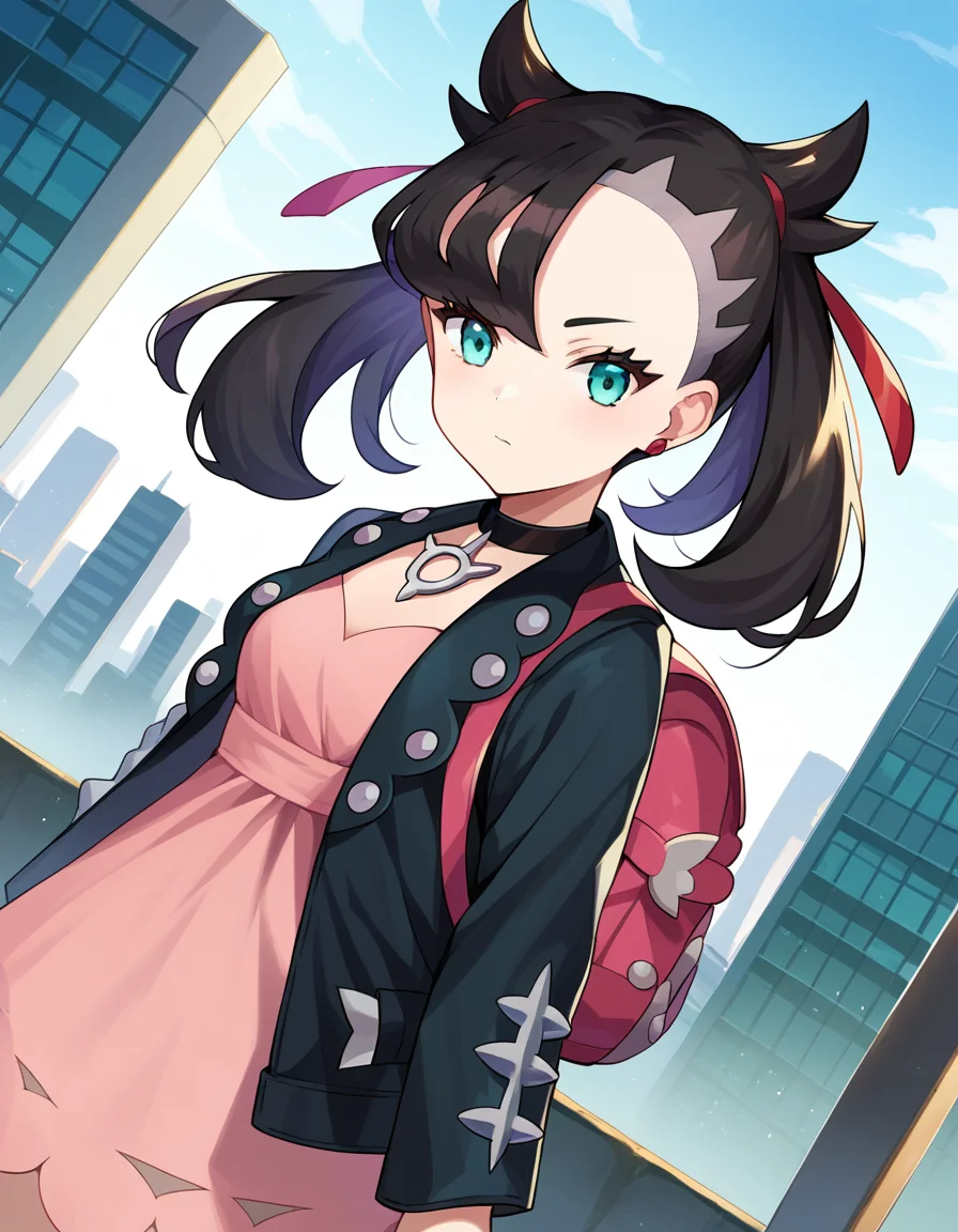 score_9, score_8_up, score_7_up, source_anime,
pokemonmarnie, <lora:pokemon-marnie-ponyxl-lora-nochekaiser:1>
pokemonmarnie, aqua eyes, asymmetrical bangs, asymmetrical hair, black hair, hair ribbon, long hair, red ribbon, ribbon, twintails,
backpack, bag, black choker, black jacket, choker, dress, earrings, jacket, jewelry, long sleeves, open clothes, pink bag, pink dress,
outdoors, cityscape,
looking at viewer, cowboy shot, dutch angle,