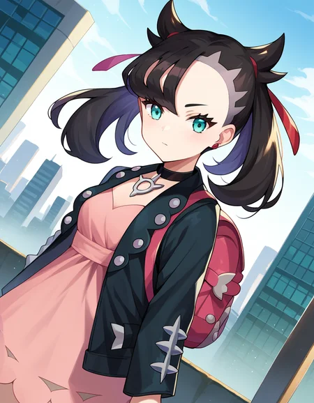 score_9, score_8_up, score_7_up, source_anime,
pokemonmarnie, <lora:pokemon-marnie-ponyxl-lora-nochekaiser:1>
pokemonmarnie, aqua eyes, asymmetrical bangs, asymmetrical hair, black hair, hair ribbon, long hair, red ribbon, ribbon, twintails,
backpack, bag, black choker, black jacket, choker, dress, earrings, jacket, jewelry, long sleeves, open clothes, pink bag, pink dress,
outdoors, cityscape,
looking at viewer, cowboy shot, dutch angle,