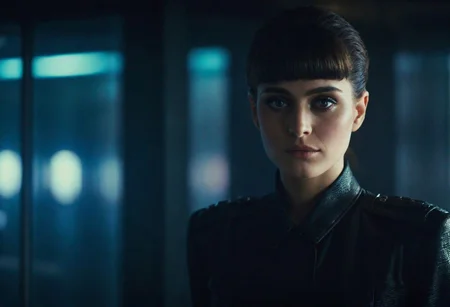 Blade Runner Style, super Face Closeup Portrait, Compose a vivid description for an image featuring Rachael from Blade Runner standing in a spacious room within a dystopian megacity skyscraper. The setting includes a large window revealing the somber, neon-lit dystopian cityscape at night, reminiscent of Ridley Scott's Blade Runner. Rachael is elegantly dressed in a form-fitting, transparent, floor-length gown, creating a striking silhouette that sharply contrasts with the dystopian cityscape visible through the window