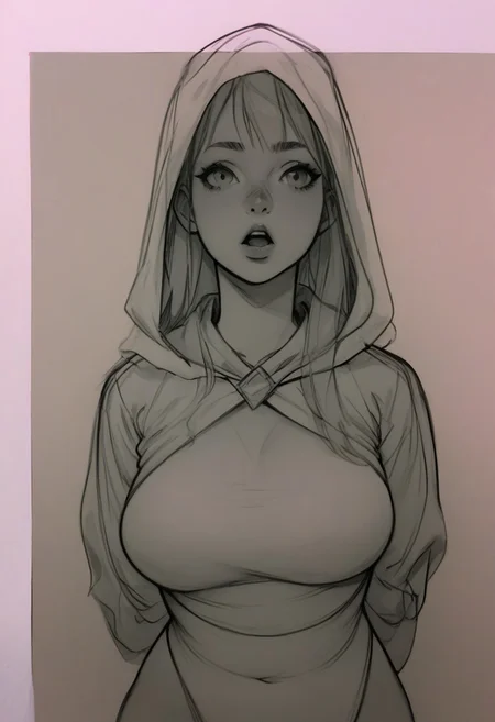 score_9, score_8_up, score_7_up, score_6_up, score_5_up, score_4_up, upper body,
open mouth, clothes, plump, long hair, hood up, curvy, arms behind back, looking at viewer, solo focus, standing, solo, 1girl, sketch, leotard, traditional media
