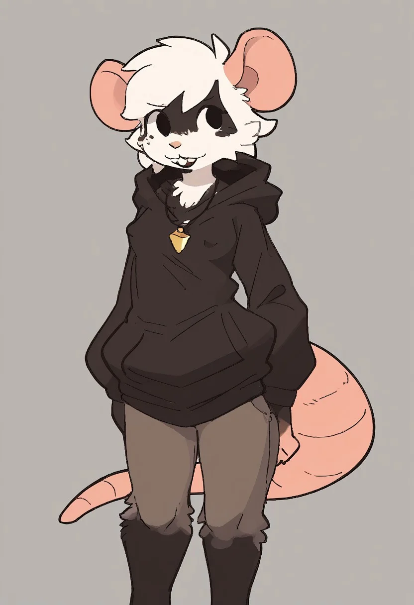 score_9, score_8_up, score_7_up, score_6_up, source_furry, source_anime, (short, diminutive, smol), ((anthro, rat:1.2), brown fur, paws, rat tail, rat paws, buckteeth, snout, long snout, hyper ears, female, small breasts), (hoodie, necklace, bottomless, nipple outline), standing, cute, adorable, thin, petite, (hair, fluffy hair, short hair, white hair), (neutral expression, dominant), solo, simple background, gray background