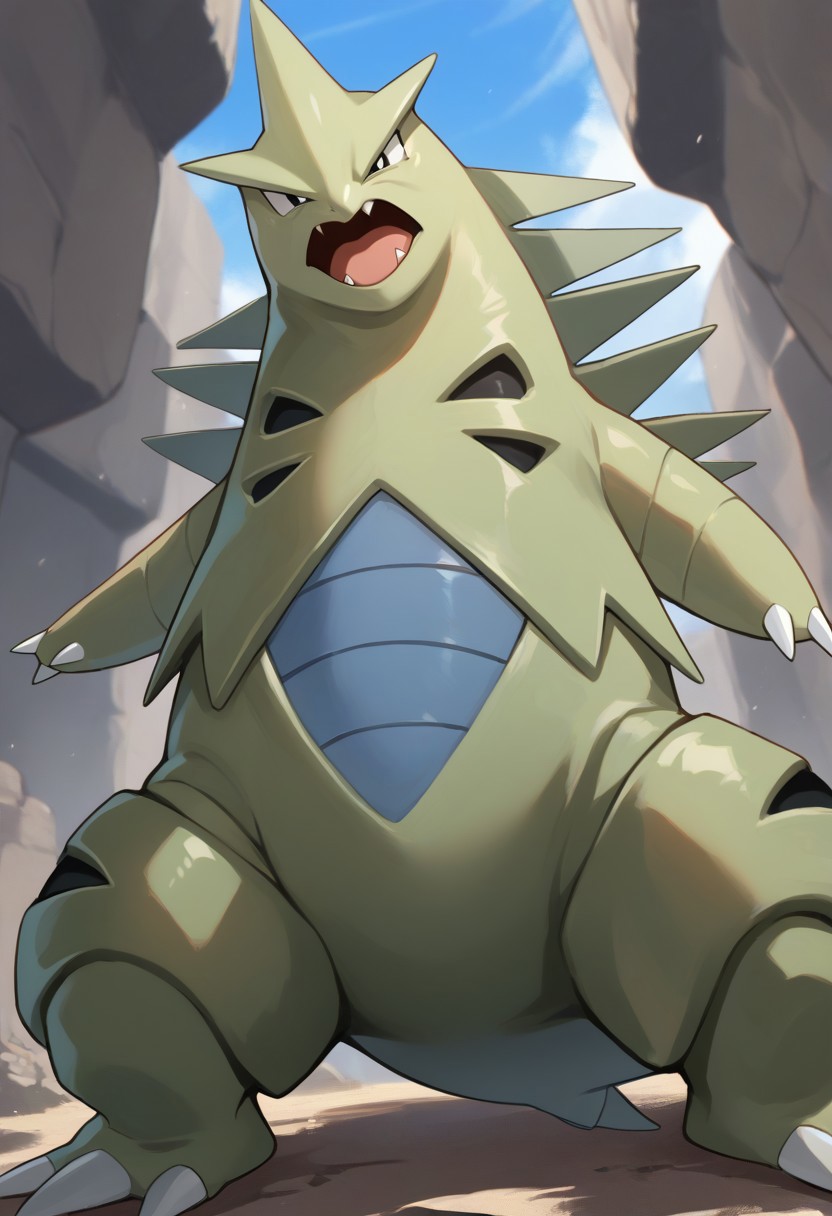 (source_anime, score_9, score_8_up, score_7_up:1), no humans, solo male, tyranitar, feral, looking at viewer, looking down, open mouth, angry, outdoors