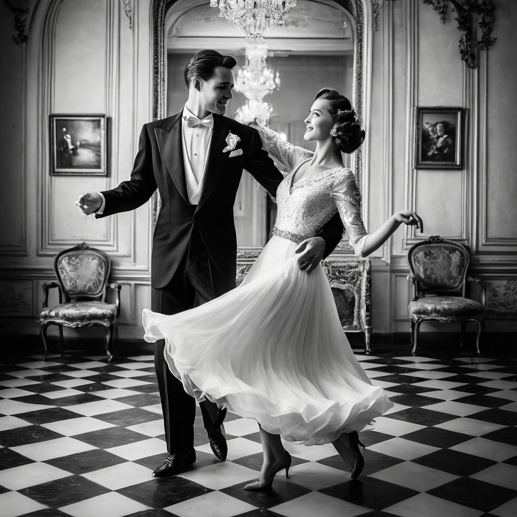 1male, 1female, Graceful couple in stunning vintage outfits, dancing elegantly with poise in a vintage-era setting, retro black and white theme, capturing timeless elegance, focus on the couple as they move gracefully together, with a collection of cherished couple photos displayed in the background, viewed from a bird's-eye perspective, adding depth and a unique angle, enhancing the nostalgic and romantic ambiance.