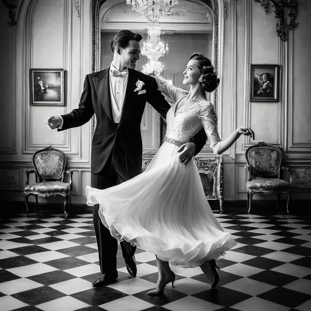 1male, 1female, Graceful couple in stunning vintage outfits, dancing elegantly with poise in a vintage-era setting, retro black and white theme, capturing timeless elegance, focus on the couple as they move gracefully together, with a collection of cherished couple photos displayed in the background, viewed from a bird's-eye perspective, adding depth and a unique angle, enhancing the nostalgic and romantic ambiance.