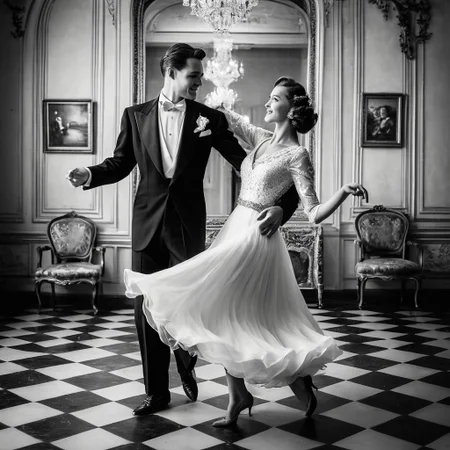 1male, 1female, Graceful couple in stunning vintage outfits, dancing elegantly with poise in a vintage-era setting, retro black and white theme, capturing timeless elegance, focus on the couple as they move gracefully together, with a collection of cherished couple photos displayed in the background, viewed from a bird's-eye perspective, adding depth and a unique angle, enhancing the nostalgic and romantic ambiance.