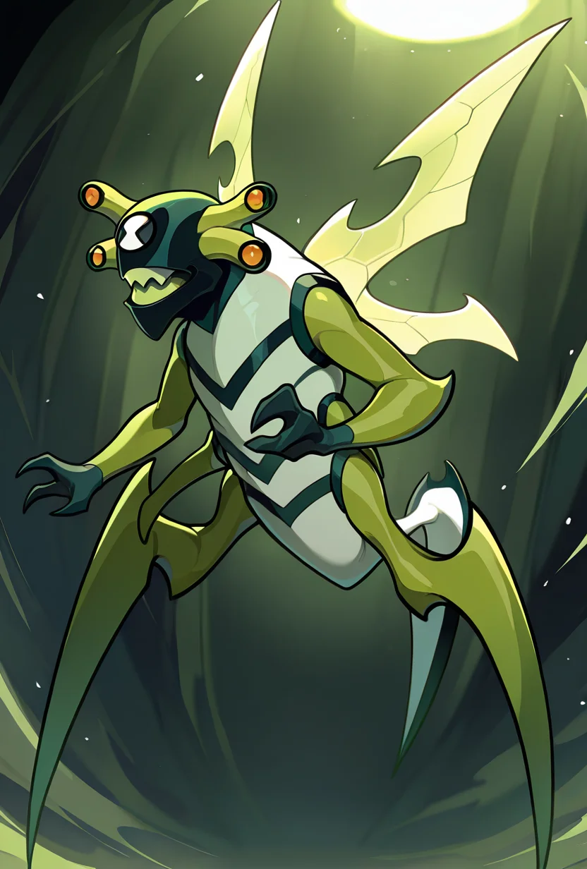 <lora:stinkfly-07:1> stinkfly, solo, no humans, monster, bug, yellow insect wings, pokemon (creature),black gloves, green arms , sharp teeth, green legs antennae, tail white body suit, striped suit, 2 legs, multiple arms, Digitigrade legs, dynamic pose,, masterpiece, best quality, amazing quality, very aesthetic, absurdres, newest,