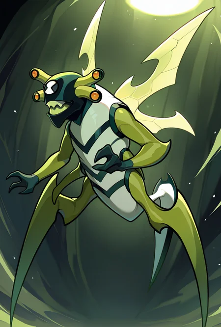 <lora:stinkfly-07:1> stinkfly, solo, no humans, monster, bug, yellow insect wings, pokemon (creature),black gloves, green arms , sharp teeth, green legs  antennae, tail  white body suit, striped suit, 2 legs, multiple arms, Digitigrade legs, dynamic pose,, masterpiece, best quality, amazing quality, very aesthetic, absurdres, newest,