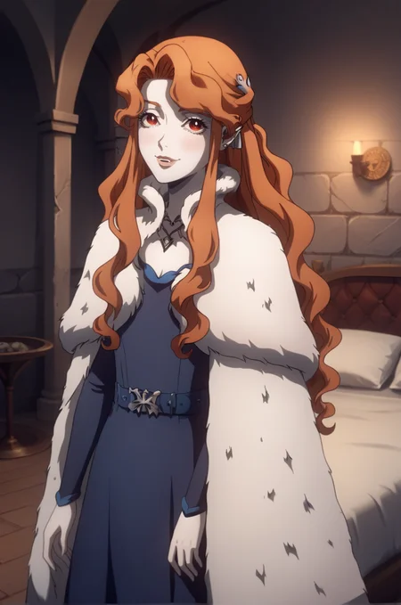 score_9, score_8_up, score_7_up, score_6_up, score_5_up, score_4_up, BREAK source_anime, 1girl,
<lora:LenoreXL-v1-07:0.7>, ChopioLenore, orange hair, long hair, wavy hair, sidelocks, half updo, hair ornament, red eyes, lips, looking at viewer,
vampire, colored skin, white skin,
outfit_1, heart necklace, earrings, fur cape, blue dress, long sleeves, blue belt,
bedroom, bed, standing, seductive smile, stone walls,