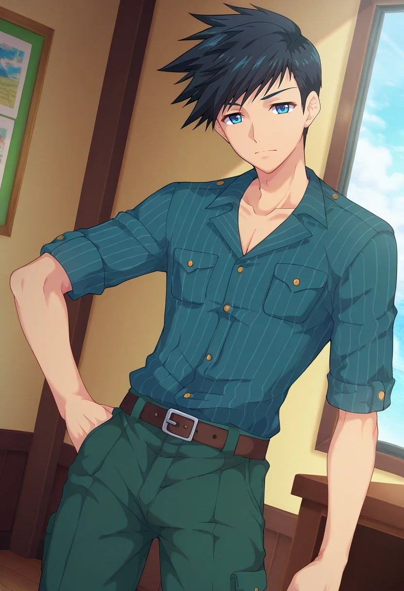 masterpiece, best quality, intricate details, anime screencap, anime coloring, official style, , , 1boy, solo, male focus, <lora:natsumi_hamasaki_ilxl:0.9>, natsumi_hamasaki, black hair, blue eyes, short hair, , , Teal Utility pants, Pinstripe shirt, , , and
