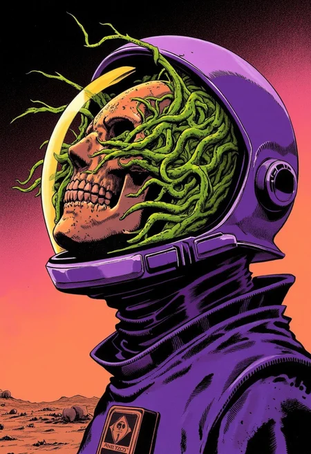 side view, dutch angle, low angle view, Jojos bizarre adventurer Style, colorful Neon Pop-Art, purple, yellow, Green, S1n0z1ck style, Close-up of an astronaut standing on a dusty, dark planet as a harsh wind blows through the scene. The atmosphere is heavy with dust, tinged in pale orange hues, creating an eerie, desolate environment. The helmet is the focal point, revealing sticky, translucent algae-like fungal networks growing inside, intricately winding around a skull. The haunting, organic tendrils have overtaken the remains, creating a chilling blend of technology and decay. The scene is grim and ominous, captured in high resolution with intricate details of the fungal growths and the barren, wind-swept landscape., cinematic lighting, insane details, hyperrealistic extreme closeup macro photography, 64 megapixel DSLR