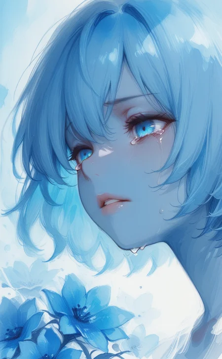 masterpiece, best quality, amazing quality, 1girl, solo, short hair, blue eyes, flower, parted lips, tears, lips, close-up, blue flower, sad, traditional media, monochrome, painting \(medium\), watercolor \(medium\), graphite \(medium\),
blue theme, fuyumur4s4ki_illu <lora:ppw_v7_noobEv1.1:1> <lora:fuyumur4s4ki_style:0.7>