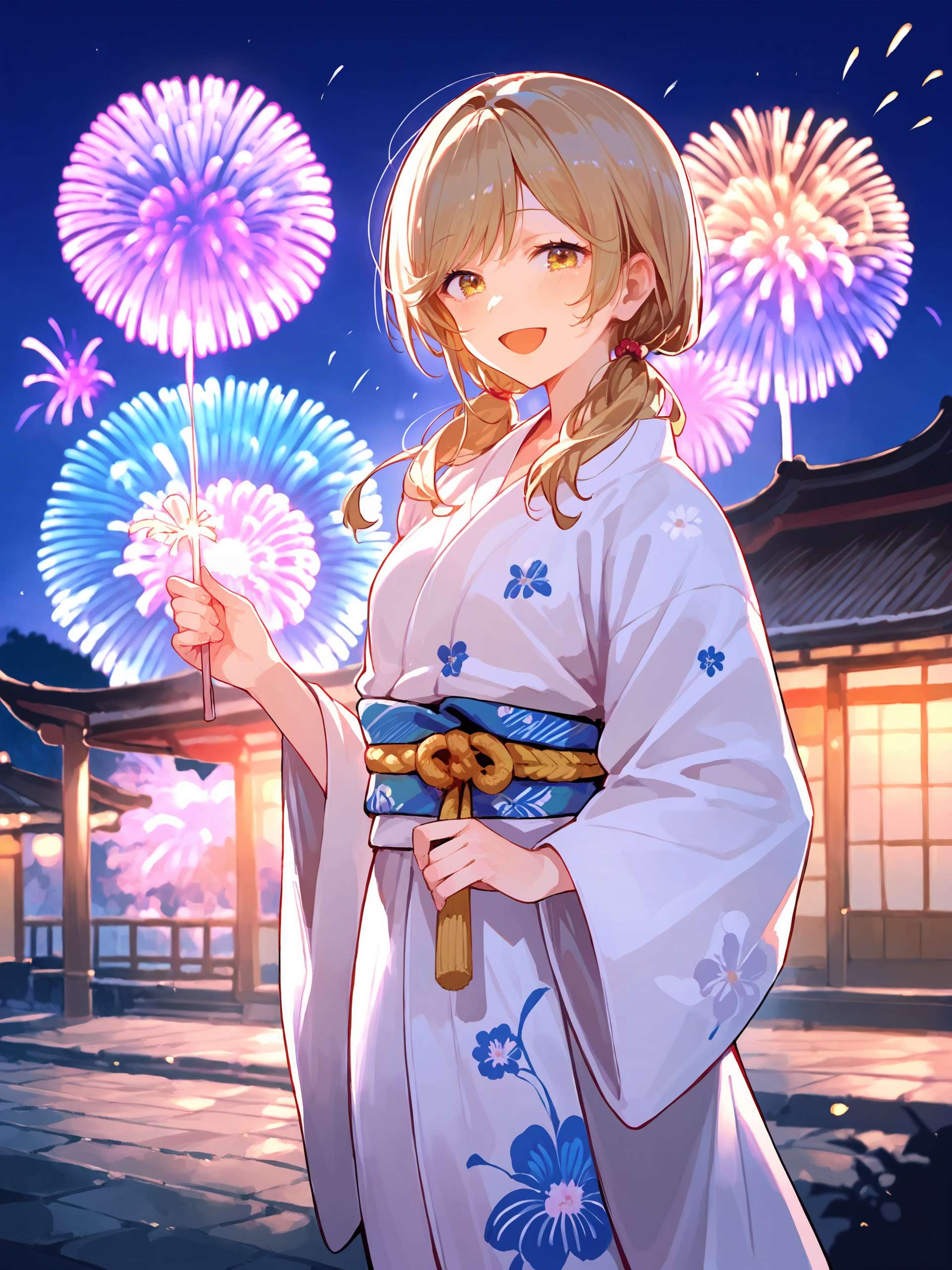 1girl, sena ajisai, solo, kimono, low twintails, obi, sash, tabi, standing, cowboy shot, holding fireworks, smile, open mouth, night, outdoors, blurry background score_9, score_8_up, score_7_up, source_anime, ray tracing, best quality, <lora:Char-Sena_Ajisai-V1-Pony:0.9>, <lora:Style-Expressive_H-pony:0.8>,