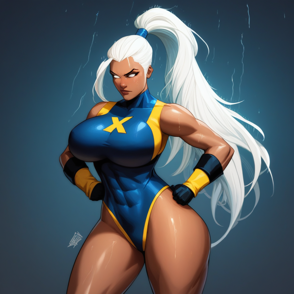 Source_anime, x-men, x-men:_the_animated_series, marvel, ((score_9)),score_8_up,score_7_up,score_6_up,score_5_up,score_4_up, 1girl, solo, storm_(x-men), (N44V5STYL3V1:1.2), white eyes, no pupils, black eyelashes, long hair, white hair, high ponytail, adult female, (dark skin), dark-skinned_female, massive breasts, big ass, curvy, skinny, thick thighs, bare legs, tall, fit, ass_visible_through_thighs, bodysuit, impossible clothing, leotard, blushing, blue background background