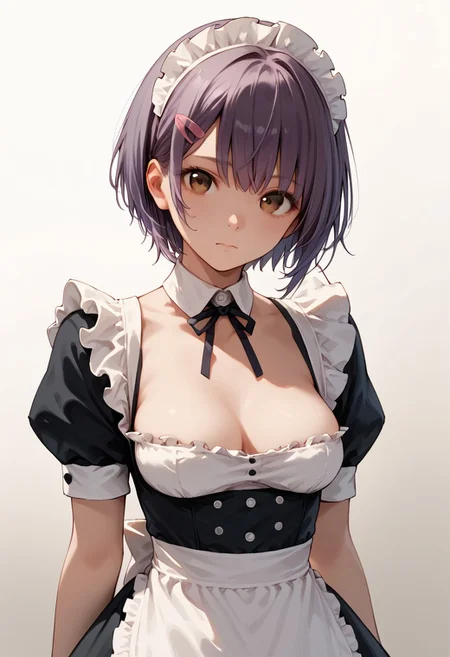 score_9, score_8_up, score_7_up, score_6_up, score_9, score_8_up, suzu, 1girl, purple hair, brown eyes, bangs, medium breasts, hairclip, looking at viewer, standing, maid, skimpy maid outfit, decoltee, short hair, gradient, gradient background, solo, upper body.