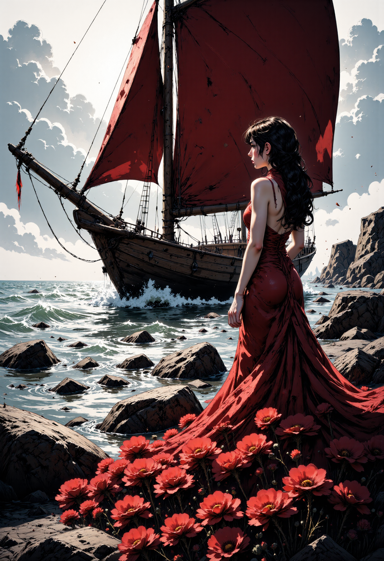 MysticComic, In this breathtakingly romantic image, a stunning young woman stands poised on the rocky shoreline, her slender figure silhouetted against the misty grey horizon. Her raven tresses cascade down her back like a waterfall of night, a striking contrast to the vibrant red dress that enfolds her. The gown, a resplendent explosion of crimson petals, cascades down the stone steps like a river of fire, each delicate flower petal intricately arranged to create a breathtaking spectacle.  As she gazes out at the majestic sailing ship, its scarlet sails billowing in the breeze, a look of rapturous wonder crosses her face. The ship, its wooden hull weathered to a soft grey, seems to be sailing towards her, its sails a deep, fiery red that seems to pulse with an inner light. The atmosphere is one of ethereal romance, as if the very fabric of reality has been woven from the threads of love and desire.  The camera angle is low and sweeping, capturing the drama of the scene from a low angle that makes the woman seem almost goddess-like. The lighting is soft and diffused, with a subtle mist that adds to the dreamy, otherworldly quality of the image. The style is reminiscent of a classic Hollywood romance, with a hint of surrealism that adds to the image's mystique.<lora:CustomFlux/MysticComic-v2.safetensors:1.0:1.0>