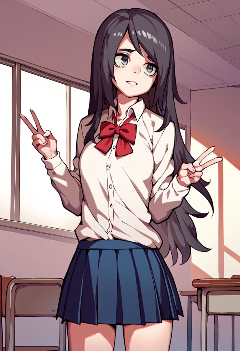 score_9, score_8_up, score_7_up, ZoeSOL, grey hair, grey eyes, long hair, pale skin, baggy eyes, school uniform, standing, v, on school
