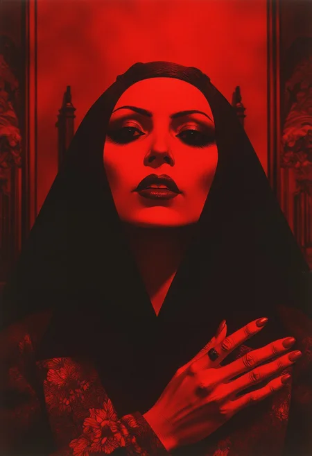 A red vampire woman, striking pose, anxiety, horror, gothic art, ArsMovieStill, Art by Sergio Toppi