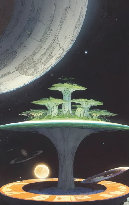 artwork <lora:Moebius:1>, outdoor at midday, a lot people do a sail, floating islands, planetary alignment