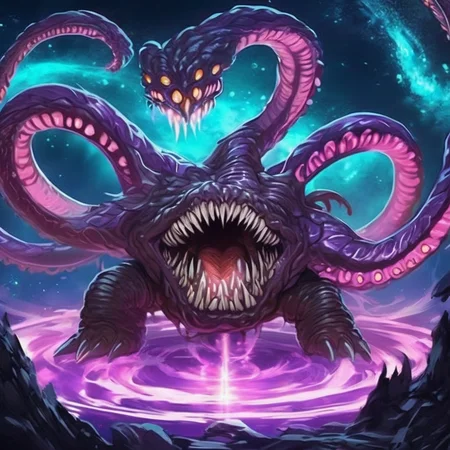 anime artwork <lora:Otyughs:1> otyugh-data, Cinematic, cinematic ligthing, ultra detailed textures, an Otyugh floating in a cosmic void, its grotesque body illuminated by a kaleidoscope of swirling, otherworldly lights. The stars and nebulae in the background add depth and an alien quality, while the monsterâs tentacles seem to stretch infinitely into the ether. The lighting emphasizes an unearthly, dreamlike quality, with glowing purple and teal highlights,otyx . anime style, key visual, vibrant, studio anime, highly detailed
