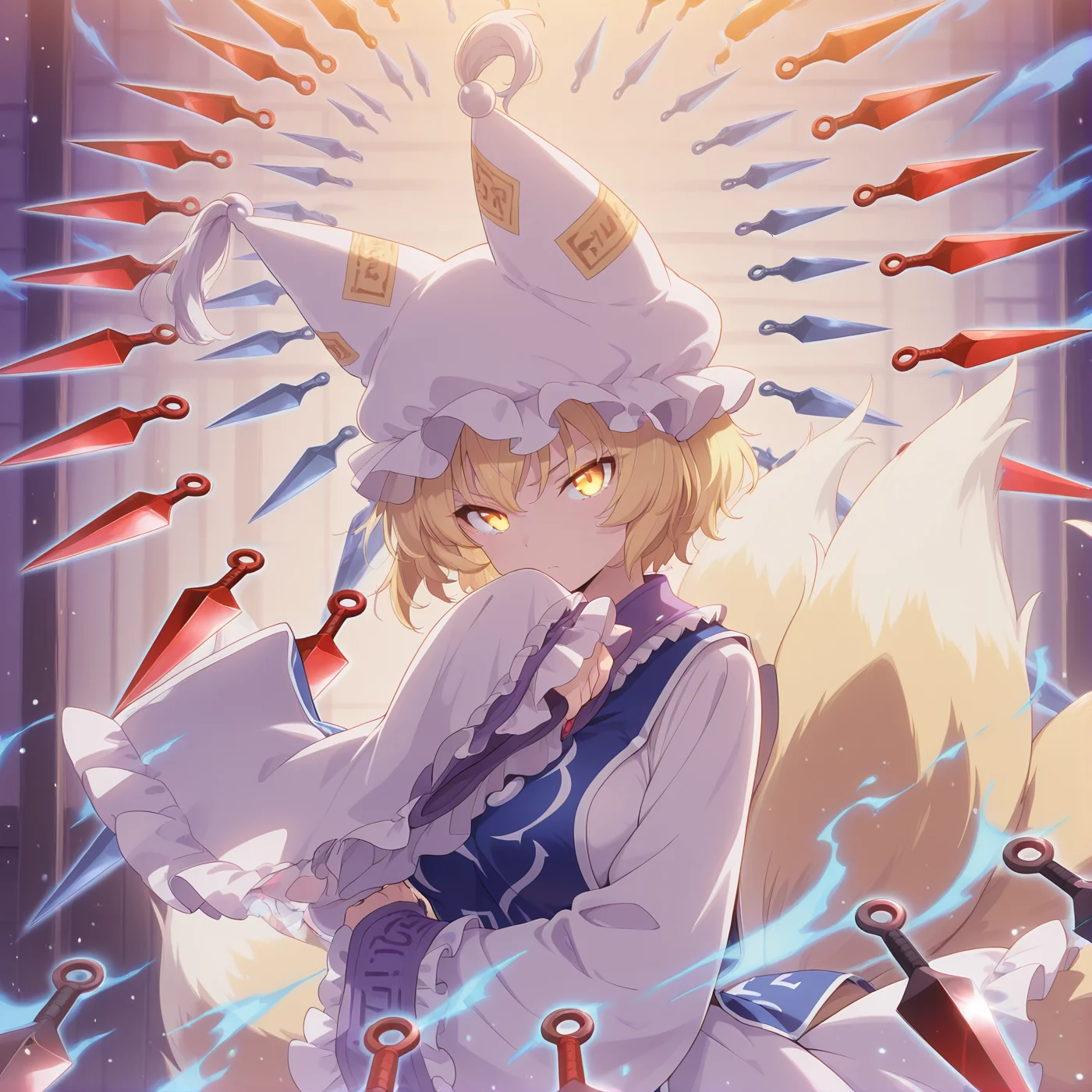 absurdres, highres, masterpiece, best quality, amazing quality, official anime artwork, screencap, anime screencap, dynamic pose, light particles, looking at viewer, danmaku, kunai, 
 <lora:Yakumo-Ran_Illustrious:1> yakumo ran, 1girl, solo, yellow eyes, blonde hair,  short hair, multiple tails, fox tail, fox ears,, hat, white headwear, ofuda, tabard, white dress, long dress, frills, long sleeves, wide sleeves, hands hidden in sleeves, 
serious, glowing eyes, glowing eye trail, eye trail,