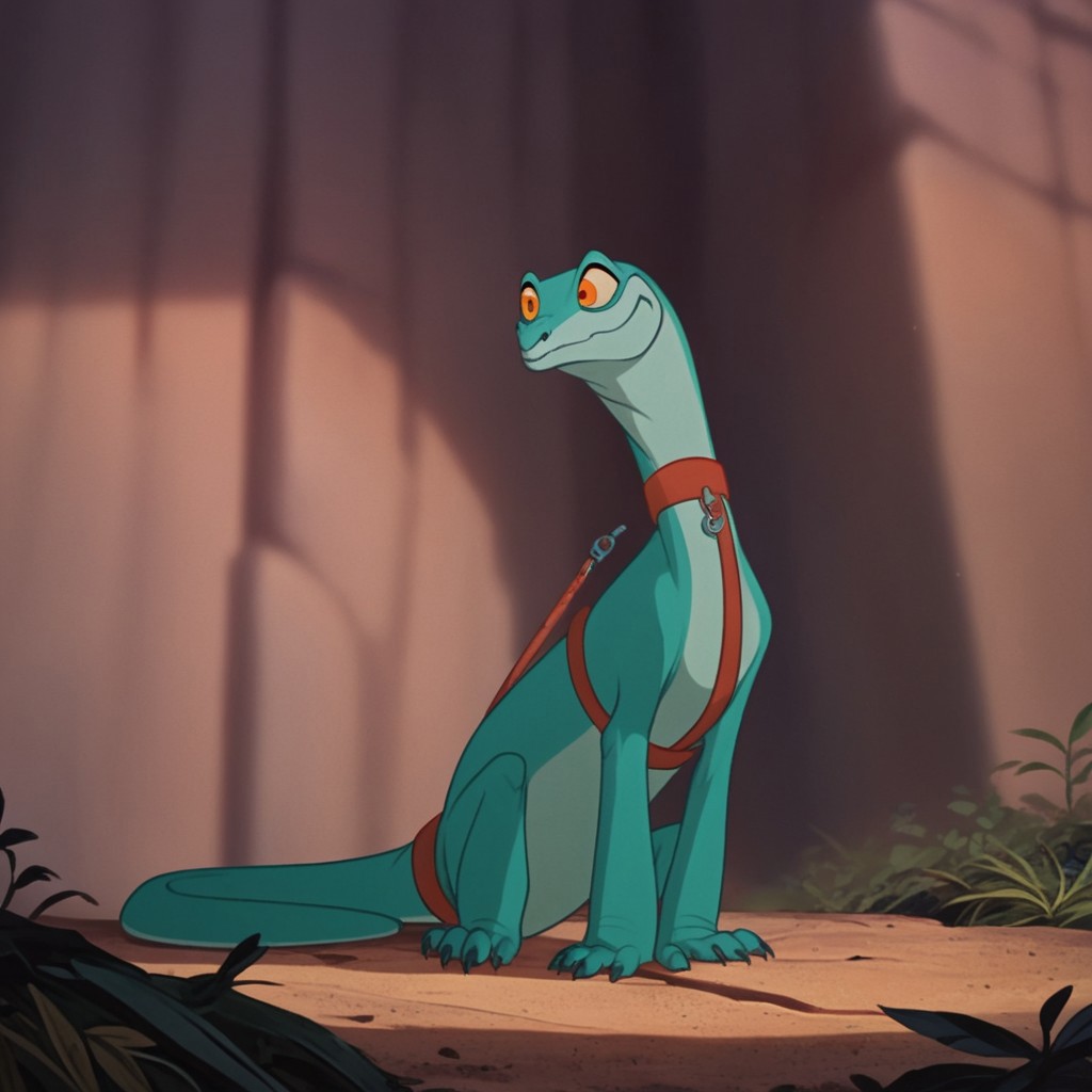 score_9, score_8_up, score_7_up, score_6_up, score_5_up, score_4_up, source_furry, joannardu, feral, female, lizard, green skin, orange eyes, yellow sclera, standing, outside, harness